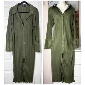 Missguided Olive Green Plissé Button Front Shirt Midi Dress Size 14 XL
